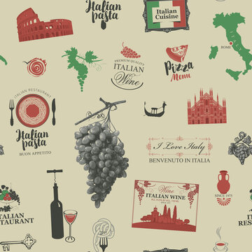 Travel seamless pattern on the theme of Italy and Italian cuisine in retro style on a beige backdrop. Repeating vector background. Suitable for wallpaper, wrapping paper or fabric design