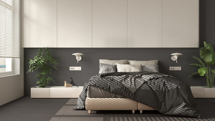 Modern white and dark gray minimalist bedroom with parquet, big window, house plants, soft duvet and pillows. Eco green concept, interior design