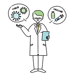 白衣を着た男性がウイルスとワクチンについて説明しているイラスト