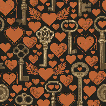 Seamless pattern on the love theme with red hearts and old bronze keys on a black. Repeating vector background in vintage style. Suitable for Wallpaper, wrapping paper, fabric, valentine greeting
