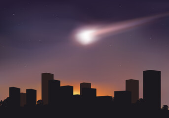 Fototapeta premium Concept d’une catastrophe planétaire, avec une météorite qui tombe sur la terre en provoquant l’apocalypse et l’extinction des espèces.