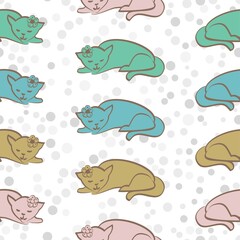 Sleeping Multicolor Cats In Blue And Green Vector Repeatable pattern On White