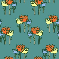 Bright Spring Flowers Vector Repeatable Pattern On Blue Green