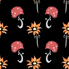 Red And Orange Simple Flowers Vector Repeat Pattern On Black