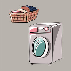 Washing machine and clean linen. Bathroom, spa treatments, massage, hotel with beauty treatments. Hygiene, washing and beauty items. Isolated vector objects.