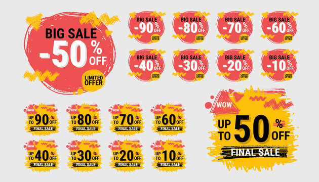 Final Sale Yellow, Red Tag. Concept Of Price List For Discounts, Of Advertising Campaign, Advertising Marketing Sales, 10, 20, 30, 40, 50, 60, 70, 80, 90 Off Discount, Unique Offer. Vector