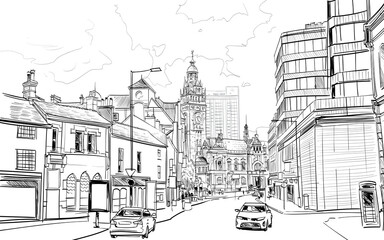 Sheffield Town hall. England. United Kingdom. Europe. Hand drawn sketch. Vector illustration.