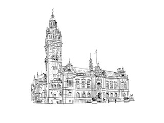 Sheffield Town hall. England. United Kingdom. Europe. Hand drawn sketch. Vector illustration.