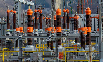 High voltage electrical transformer substation. Power station. Power line.