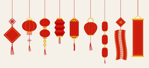 Set of isolated red Chinese New Year hanging lanterns