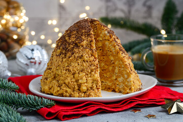 Сake Anthill made of shortbread cookies and condensed milk with butter. Christmas new year...