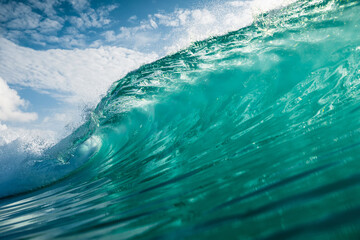 Close up view of Ideal surfing wave in Atlantic ocean. Glassy wave