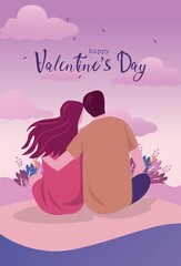 happy valentines day greeting with couple sitting back view. vector illustration design