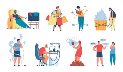 Young characters addicted to social media, gaming or tv. People with different addictions and bad habits, smoking addiction vector set. Man and woman problems with shopping, tobacco and caffeine © Frogella.stock