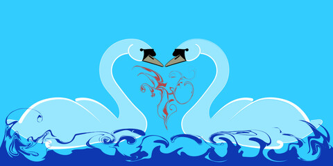 Zwei weiße Schwäne formen ein Herz für Liebe, Valentinstag, Hochzeit, vektor