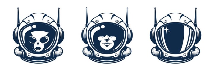 Astronaut helmet vector. Space retro astronaut head. Man in spacesuit mask. Alien in space helmet.