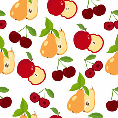 Apple, pear and cherry with leaves seamless pattern on white background. Flat vector illustration