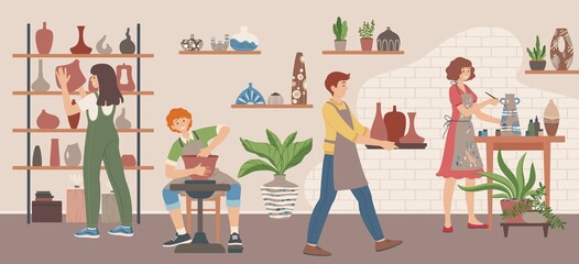 Pottery workshop, character making clay pot on wheel. Potter painting on vase, handcrafted ceramics, creative pottery hobby vector illustration. Man and woman having craft lessons in studio