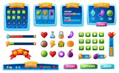 Game ui kit, cartoon gaming interface buttons, icons, menu. Mobile app gui assets, panel, progress bar, button, games design elements vector set. Isolated indicators with results, setting © Frogella.stock