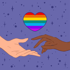 Vector banner of hands of diverse people under LGBT symbol in heart. Vector illustration of heart shaped rainbow LGBT flag above hands of multiracial people reaching out to each other against purple