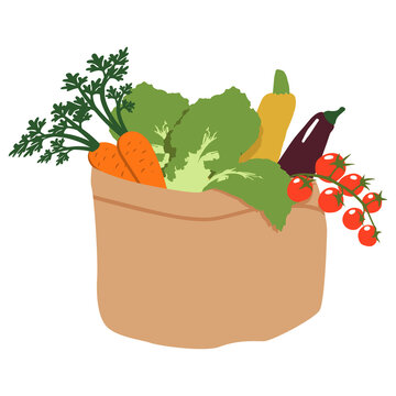 A paper bag of groceries. A set of vegetables in a kraft bag. Healthy food. Vegetarian food. A vector image in a flat style, isolated on a white background. Shopping for products.