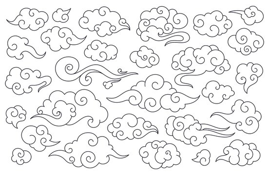 Traditional chinese clouds, asian oriental style cloud. Japanese sky doodle elements, china festive decorative ornaments vector set. Sky outline asian elements collection isolated on white