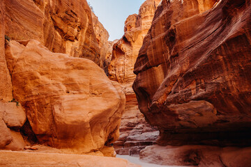 Fototapeta na wymiar Red sandstone rocks. Canyon of the ancient city of Petra. Jordan.