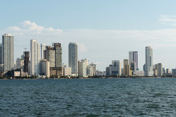 Fototapeta na wymiar Cartagena, Bolivar,Colombia. November 3, 2021: Panoramic landscape with blue sky in Bocagrande.