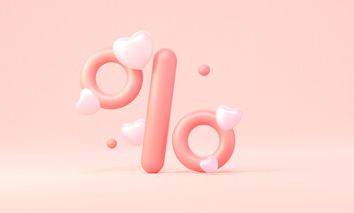 3D percentage symbol with hearts. On a pastel background. Sale for a romantic day. 3d rendering.