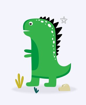 Funny cute dinosaur green on a light background. For textiles, packaging paper, posters, backgrounds, decoration of childrens parties. Vector illustration