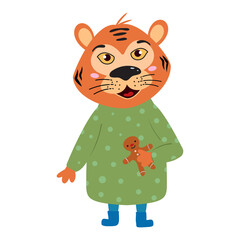 Baby Tiger holds gingerbread. Illustration in cartoon style