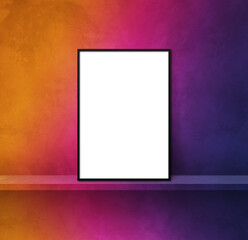 Black picture frame leaning on a rainbow shelf. 3d illustration. Square background