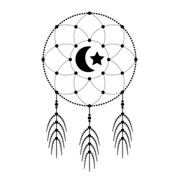 Vector illustration graphic design dreamcatcher, icon, use in print. Moon and star