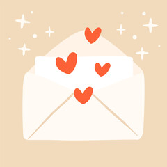 Cute hand drawn envelope with hearts and love letter. Valentine's day vector illustration. Perfec for greeting cards