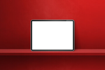 Digital tablet pc on red wall shelf. Horizontal background banner