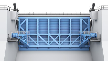 Close-up of a dam with large gates. The spillway of a hydroelectric power plant. 3d render