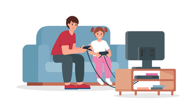 Children playing video games on game console with TV. Brother and sister spend free time together at home. Boy and girl charactrs. Flat or cartoon vector illustration.