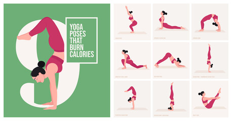 Yoga poses For burn calories. Young woman practicing Yoga poses. Woman workout fitness and exercises.