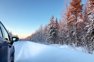 Road with a car in the middle of a winter forest with a clear sky. Travel concept