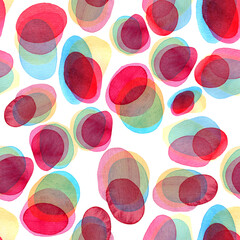 Watercolor seamless pattern. Red blue and yellow stains, abstract hand drawn ornament. Circles and ellipses. Clothes print, wrapping and fabric printing. Raster stock illustration in cartoon style.