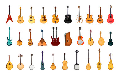 Collection of guitars of different types. National folk instruments. Detailed illustrations of stringed instruments. - obrazy, fototapety, plakaty