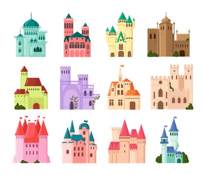 A set of fairy castles for princesses in the flat style.