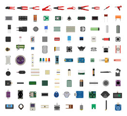 Detailed collection of electronic components and tools in a realistic style. - obrazy, fototapety, plakaty