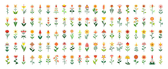 Collection of flowers in geometric shape in flat style. Abstract decorative flowers.