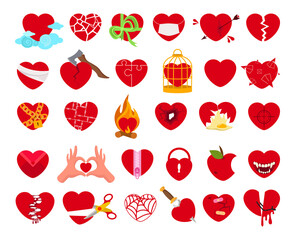 Collection of red hearts in various designs. Illustrations for Valentine's Day.