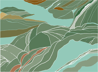 Geometric landscape. River  flowing and montains abstract representation. 