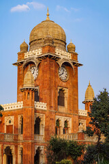 Fototapeta na wymiar Huge Wall Clock, Clock Tower of Mahatma Gandhi Hall. Ghanta Ghar, Indore, Madhya Pradesh. Also Known as King Edward Hall. Indian Architecture.