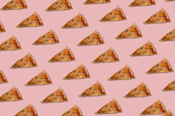 Seamless slice or piece of pizza pattern isolated on pastel pink background.