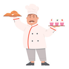Cartoon baker with cakes and croissants. Confectioner with sweet bakery products.