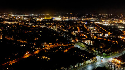 Fototapeta na wymiar An aerial view of the centre of Ipswich at night in Suffolk, UK